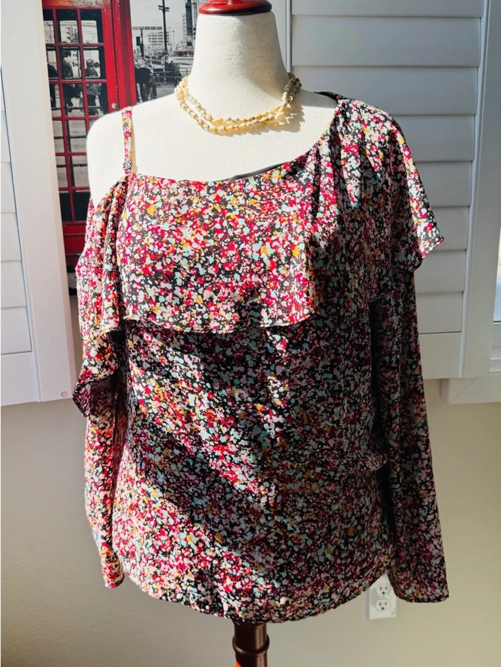 INC International Concepts Floral One-Shoulder Blouse - Red Multi